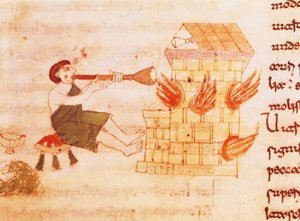 Glasblazers, miniatuur uit "De universo" door Rabano Mauro, manuscript, Italië 11e eeuw