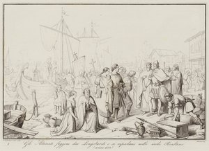 De Altinati vluchten voor de Longobarden en schuilen op de eilanden Realtine, 639 (gravure) door Italian School