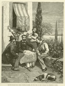 De Italiaanse ballingen, waaronder de gebroeders Bandiera, die op het eiland Corfu een expeditie naar hun vaderland bestuderen (gravure)
