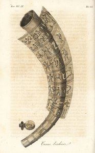 Gouden Hoorn van Gallehus, drinkhoorn of Tunderense (handgekleurde kopergravure)
