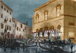 Gondeliers wachten op toeschouwers buiten het Teatro La Fenice, Venetië, Italië, uit Le Monde Illustré nr. 564, 1868