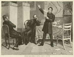 Guerrazzi leest het beleg van Florence aan Mazzini en Carlo Bini (gravure) door Italian School