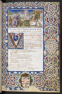 Miniatuur van Petrarca en Laura, met Amor die zijn pijl op Laura richt, uit 