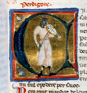 Historische letter (letter A). De troubadour Perdigon speelt de oude man. Miniatuur uit het manuscript 
