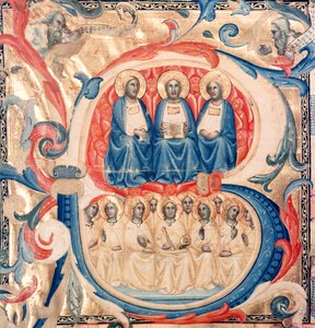 Geïllustreerde initiaal B met de Drie-eenheid en Christus omringd door engelen, Bolognese School, c.1340-50