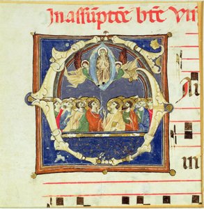Geïllustreerde initiaal G die de Tenhemelopneming van de Maagd toont