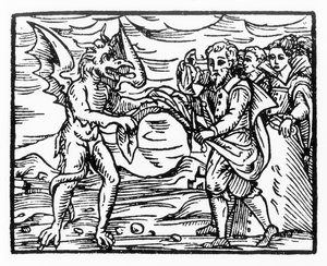 Hulde aan de duivel, kopie van een illustratie uit Compendium Maleficarum door Fr M Guaccius, Milaan 1608, gebruikt in History of Magic, gepubliceerd eind 19e eeuw door Italian School