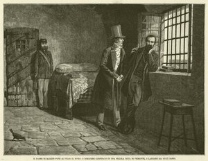 De vader van Mazzini stelt zijn zoon voor de keuze, of blijven in een kleine stad in Piemonte, of de Sardijnse staten verlaten (gravure) door Italian School