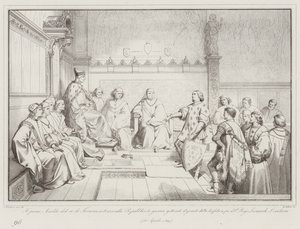 De eerste heraut van de koning van Frankrijk, kondigt de oorlog aan de Republiek aan, door de handschoen te werpen... (gravure) door Italian School