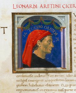 Verlichte pagina met profiel van Cicero, Volume I, links 1, f 303 r, Vitae virorum illustrium, door Plutarchus