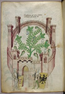 Illustratie van de balsemtuin van Caïro (Fustat), met zeven waterpoelen en kruiken om de balsem op te vangen, een plant in het midden, met twee ridders in harnas die de poort flankeren, met schilden met heraldische wapens, ca. 1440 (inkt  kleur op perkamen