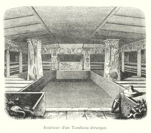Interieur van een Etruskisch graf (gravure)