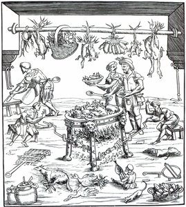 Interieur van een Italiaanse keuken, naar een houtsnede in Banchetti compositioni di Vivende door Christoforo di Messisburgo, gepubliceerd 1549
