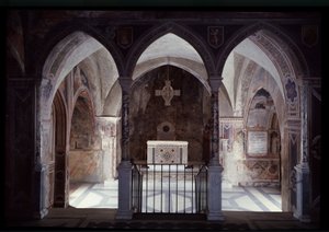 Interieur van pastorie en altaar, grot van Sint-Benedictus (sacro speco) Subiaco door Italian School