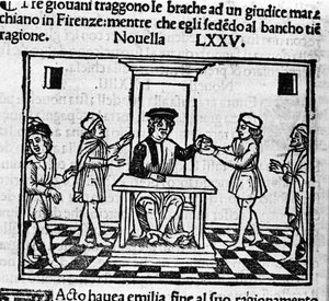 Rechtbankscène in Florence. Illustratie voor het nieuws 75 (Nieuw 5 van de achtste dag) van de 