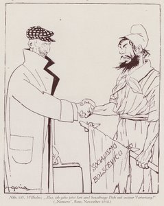 Kaiser Wilhelm II draagt de macht over aan het bolsjewistische socialisme (litho)