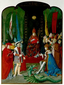 Koning Hendrik VIII in geschil met keizer Karel V voor paus Leo X. Hendrik houdt een rol vast, mogelijk de bul van 1521 die hem de titel 