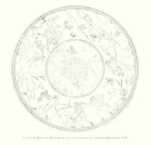 De Bronzen Ciste van het Kircher Museum, met de Inscriptie Novios Plautios, Med, Romai, Fecid (gravure) door Italian School