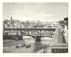 De Ponte Vecchio, gebouwd in 1345 door Taddeo Gaddi (gravure) door Italian School