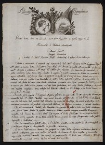 Brief in het Italiaans, met een afbeelding van het hoofd van Brutus de jongere, een brandende hand die Gaius Mucius Scaevola voorstelt, en het motto van de Franse Revolutie