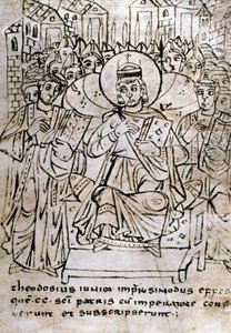 Lombardische kunst: Keizer Theodosius II (401-450) op het Concilie van Efeze op 22/06/431, veroordeling van het nestorianisme