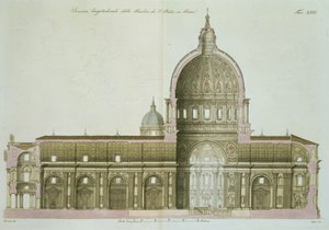 Lengtedoorsnede van St. Pieter in Rome, plaat 26 uit Deel III van De Geschiedenis van de Naties, gegraveerd door G. Lago