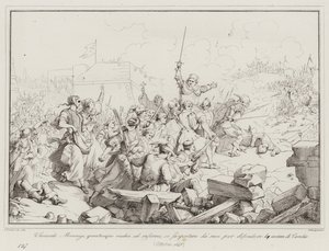 Luigi Leonardo Mocenigo, hoewel oud en ziek, laat zich door zijn mannen dragen om te verdedigen (gravure) door Italian School