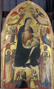 Madonna en Kind op een troon van wolken met heiligen en engelen, ca. 1415-20