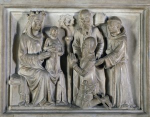 Madonna en Kind, met een krijger en heiligen, reliëf door De Meesters van Campione