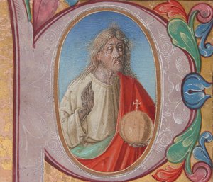 Manuscriptverlichting met Salvator Mundi in een Initiaal P, uit een Koorboek