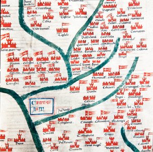 Kaart met de gemeenten die behoren tot de stad Asti in de 13e eeuw. Miniatuur uit Codex Astensis (of Malabayla), kronieken over de stad Asti tussen 1065 en 1353. 14e eeuw. Bewaard in het stadhuis van Asti