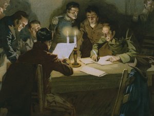 Bijeenkomst van de eerste partizanen die de bezetters weerstaan, geboorte van de Carbonari, illustratie uit een album over de geschiedenis van Risorgimento gemaakt voor de chocolade Talmone, eind 19e eeuw
