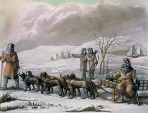 Mannen van Kamtsjatka, met een hondenslee, uit Costumi dei... door Giulio Ferrario, ca. 1820-30