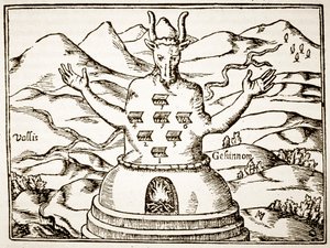 Moloch, kopie van een illustratie uit Oedipus Aegyptiacus door Athanasius Kirchner, Rome 1652, gebruikt in Geschiedenis van de Magie, gepubliceerd eind 19e eeuw door Italian School