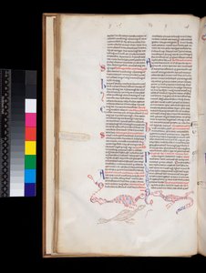 Petrus Lombardus, Sententiae, bas-de-page penwerkdecoratie ontwikkeld tot vogel/dragon hybriden door Italian School