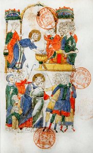 Ms 364 Jezus wast de voeten van de discipelen tijdens het Laatste Avondmaal en de kus van Judas, uit het Brevier van Monte Cassino