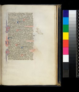 Ms 373. Pseudo-Cicero, Rhetorica ad Herennium, en andere werken, f.50r. Pen-gefloreerde initialen en een penwerkdecoratie in de marge die een knielende blootsvoetse monnik voorstelt, ca. 1337 door Italian School