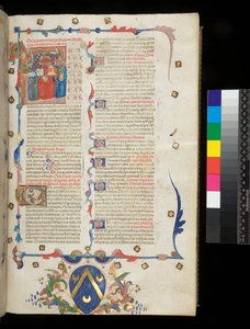 Ms 390. Seneca de Jongere, Opera, en Seneca de Oudere, Excerpta controversiarum, f.1r. Incipit pagina met gehistorieerde initiaal [L] met Jerome, St. Paul en Seneca, Veneto