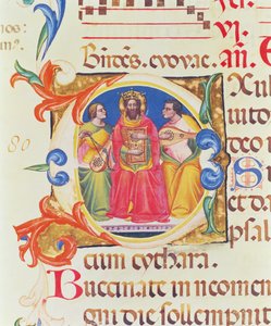 Ms. 559 f.155v Geïllustreerde initiaal O met koning David en twee engelen, uit het Psalter van Santa Maria Novella, verlucht door Paolo Soldini (fl.1342-86) 1379
