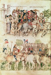 Arthur en zijn ridders vertrekken op de zoektocht naar de Heilige Graal, uit de Queste del Saint Graal, ca. 1380-85 door Italian School
