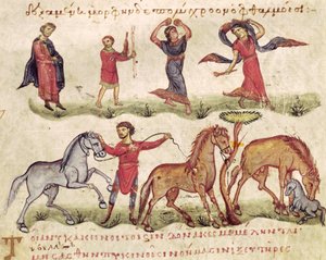 Ms Grec 479 Paardentrainers, illustratie uit de Halieutica of de Cynegetica door Oppian