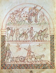 Ms. Plut. 12.17, c. 1b, De aardse stad met de ontberingen en tegenslagen van de mensheid en het oordeel van een ziel, uit De Stad van God door St. Augustinus, 11e-12e eeuw door Italian School