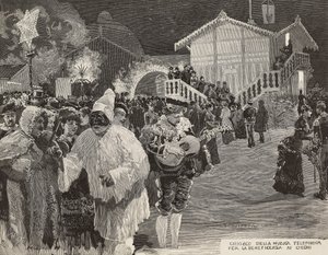 Muziekkiosk om geld in te zamelen voor blinden, Pulcinella-masker, Carnaval in Napels, Italië, gravure naar tekening van Matania, gravure door Gamberoni uit L