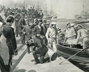 Muiterij van het Russische slagschip Potemkin aan land in de haven van Constanta in Roemenië, Illustratie uit L