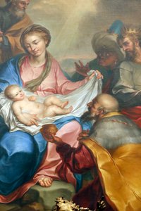 Kerststal. Aanbidding van de wijzen. Fresco. Santa Maria delle Vigne basiliek. Genua. Italië. door Italian School