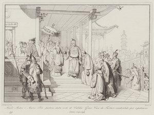Nicolo Matteo en Marco Polo vertrekken van het hof van Kubilai Khan om terug te keren naar hun vaderland