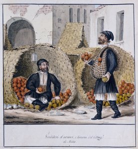 Sinaasappel- en citroenverkopers van Milis in Sardinië, gedrukt ms.258, Luzzetti Collectie door Italian School