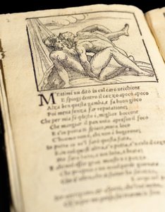 Pagina uit "Sonetti Lussuriosi" door Pietro Aretino, geïllustreerd door Giulio Romano en gegraveerd door Marcantonio Raimondi, gepubliceerd Venetië, c.1527