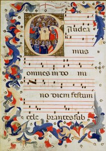 Pagina met muzikale notatie en een geïllustreerde initiaal G met een groep heiligen en St. Ursula in het midden