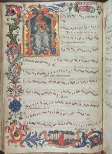 Pagina met muzikale notatie en een gehistorieerde initiaal, uit het Squarcialupi Codex, geproduceerd in het Florentijnse klooster van S. Maria degli Angeli